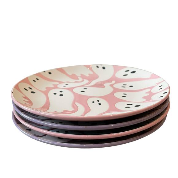 Halloween GHOST Appetizer Plates 7.5in Set of 4 Ceramic Pink & Purple NEW - Picture 6 of 10
